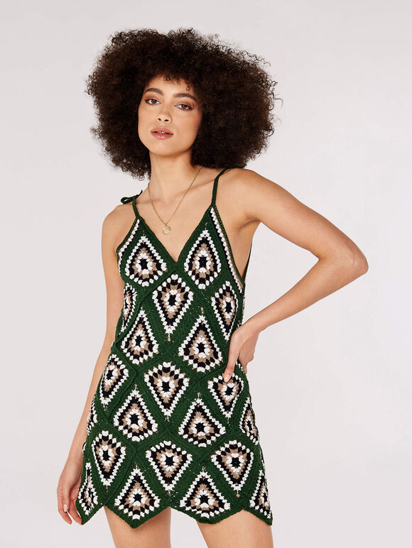 Granny Crochet Mini Dress, Green, large