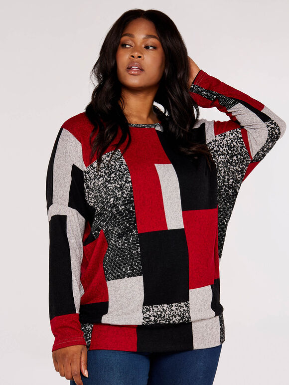 Curve Colourblock Oversized Top, Red, large