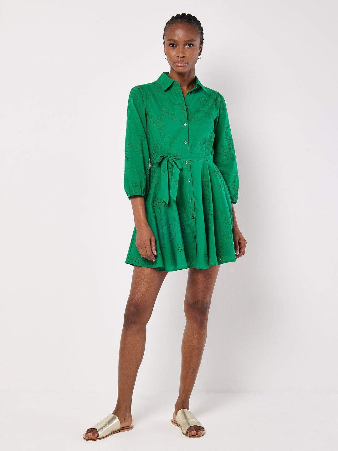 Image of Tropical Embroidered Shirt Mini Dress