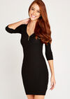 Black Ribbed Zip Front Knitted Dress, Black, large