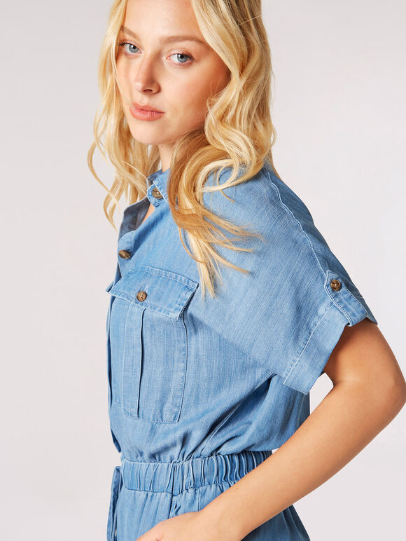 Mid-Wash Denim Utility Jumpsuit, Blue, large
