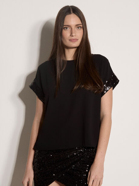 Crepe Sequin Trim T-Shirt
