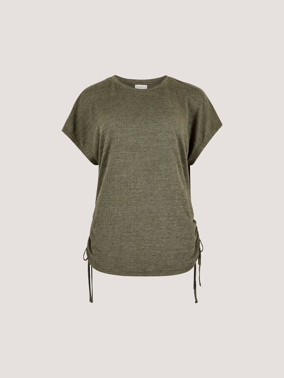 Textured Jersey Side Ruched T-Shirt, Khaki, large