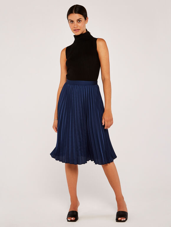 Pleated Satin Crepe Skirt, Navy, large