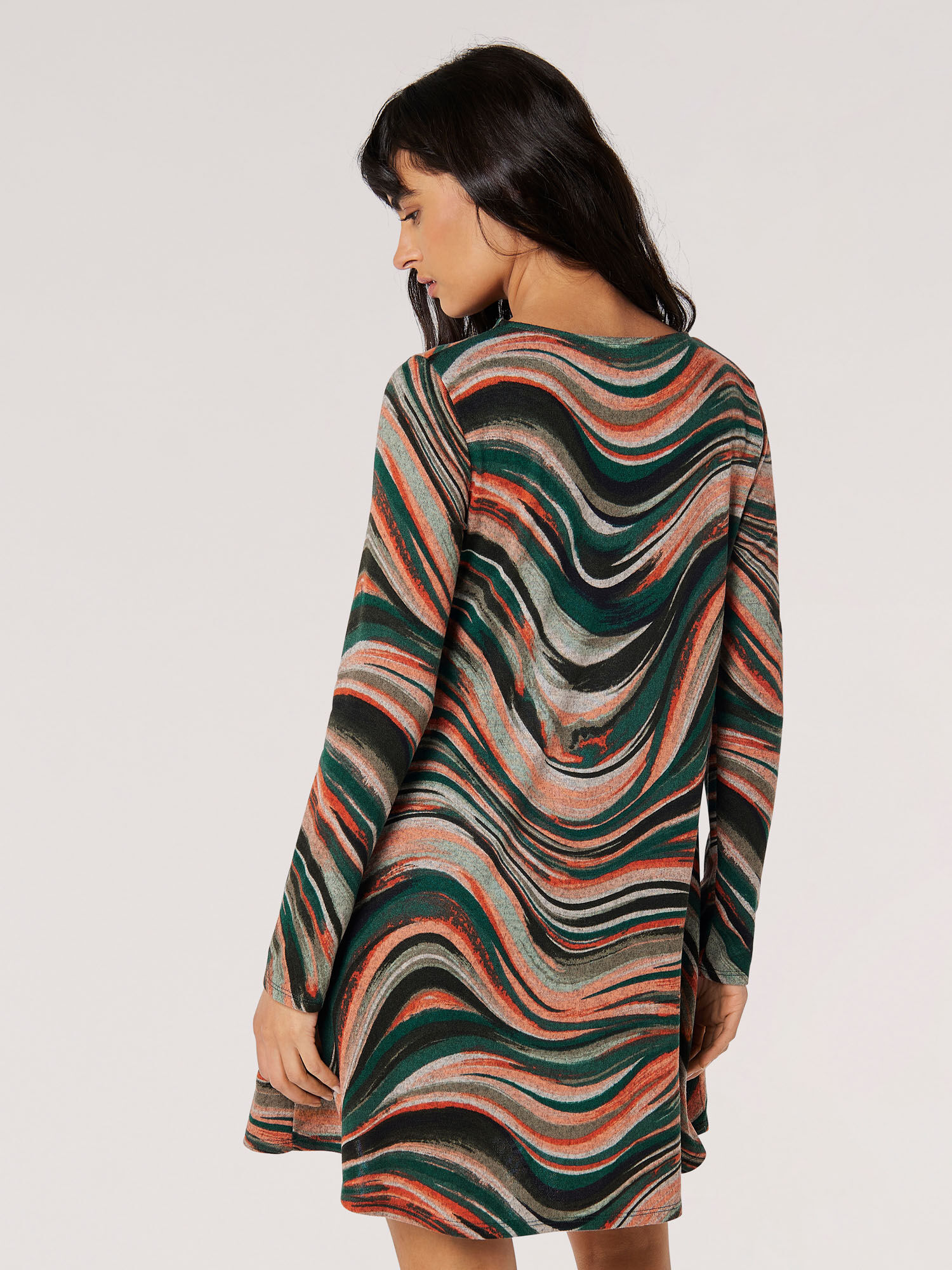 Swirl Jersey Knit Swing Mini Dress Apricot Clothing