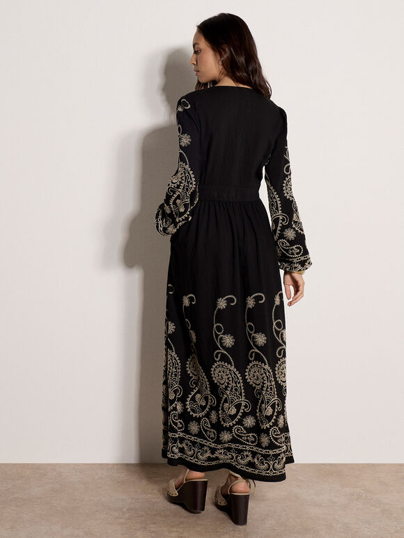 Paisley Embroidered Maxi Dress, Black, large