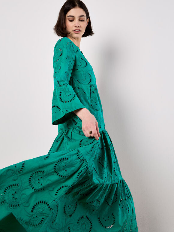 Broderie Tiered Midi Dress, Green, large