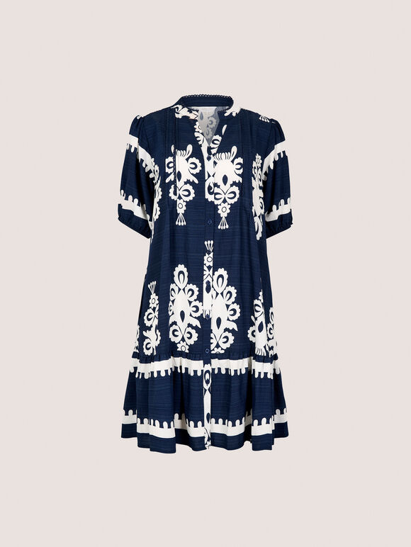 Baroque Print Shirt Mini Dress, Navy, large