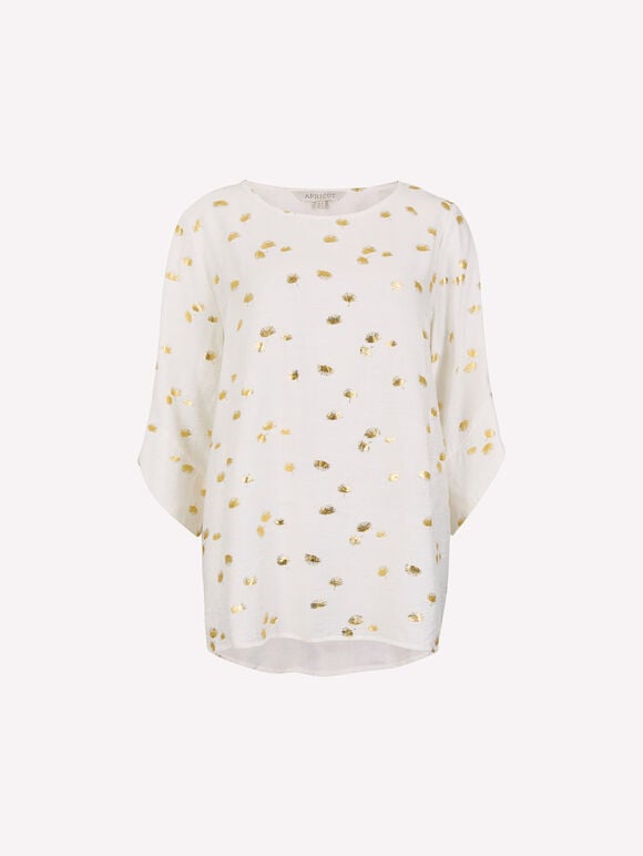 Gold Foil Fan Print Oversized Top, White, large