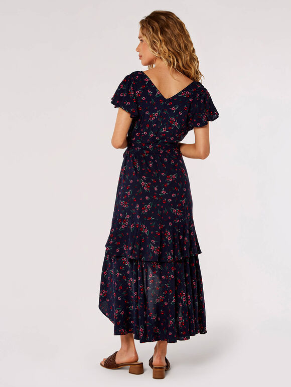 Wildflower Print Tiered Midi Dress, Navy, large