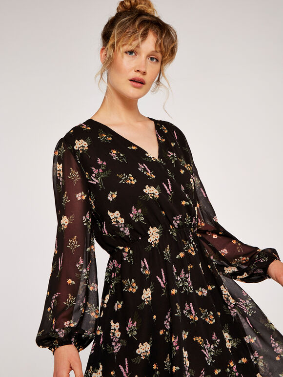 Floral Botanical Wrap Dress, Black, large
