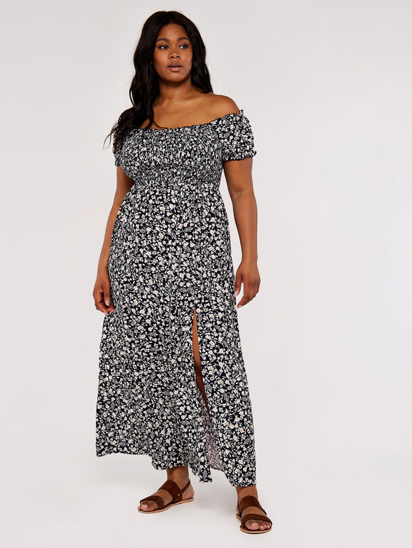 Curve  Floral Shirred Split Dress, Navy, large