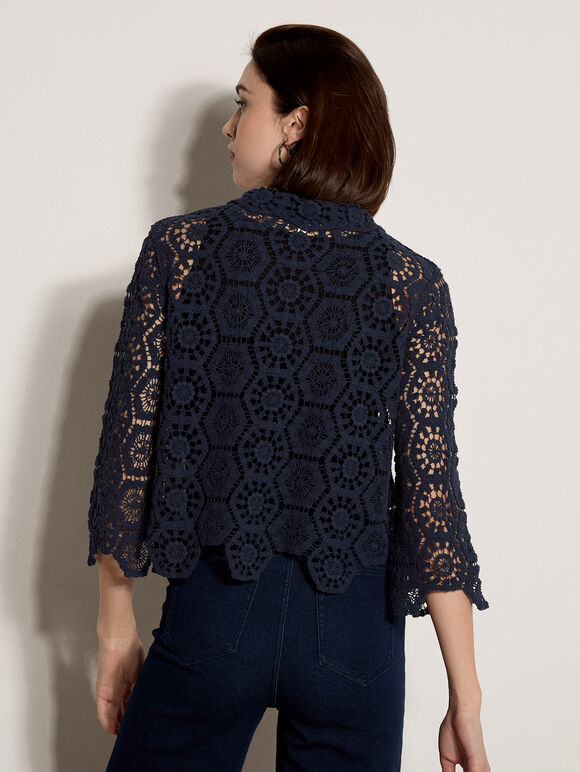 Geometric Cotton Crochet Shirt, Navy, large