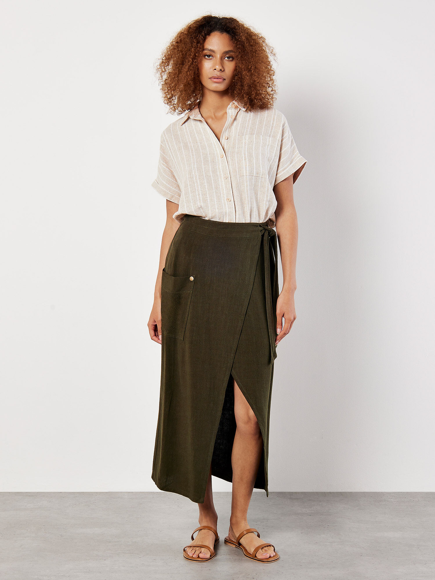 Linen Blend Wrap Midi Skirt