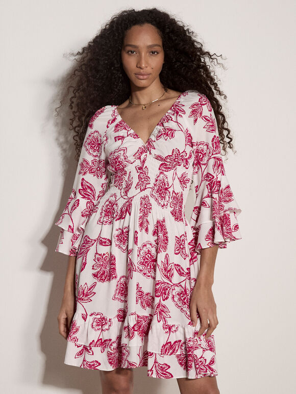 Sarasa Floral Ruffle Mini Dress, Pink, large