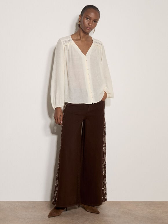 Crochet Insert Shimmer Blouse, Stone, large