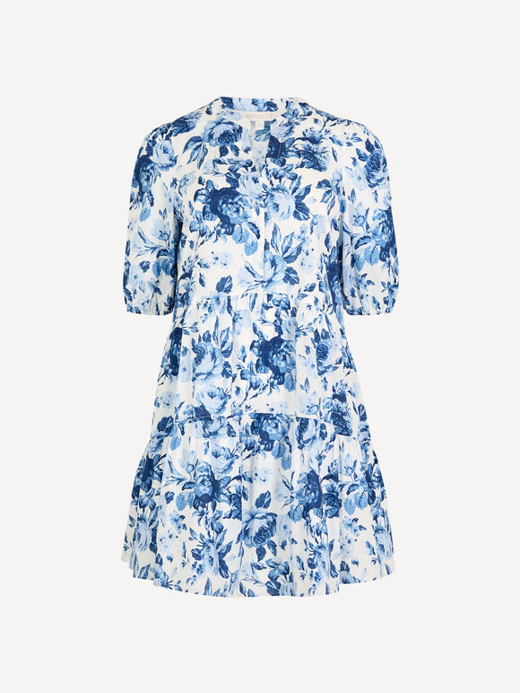 Floral Print Cotton Mini Dress, Blue, large