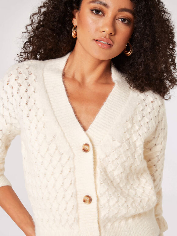 Waffle Knit Chunky Cardigan, Cream, large