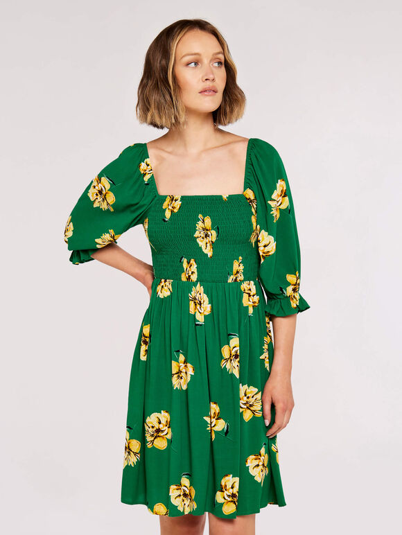 Graphic Floral Milkmaid Mini Dress Apricot Clothing