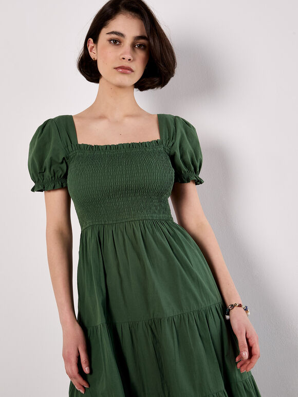 Cotton Tiered Milkmaid Midi Dress, Green, large
