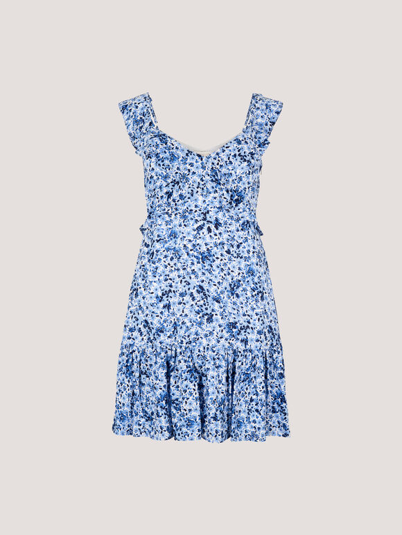 Ditsy Floral Ruffle Mini Dress, Blue, large