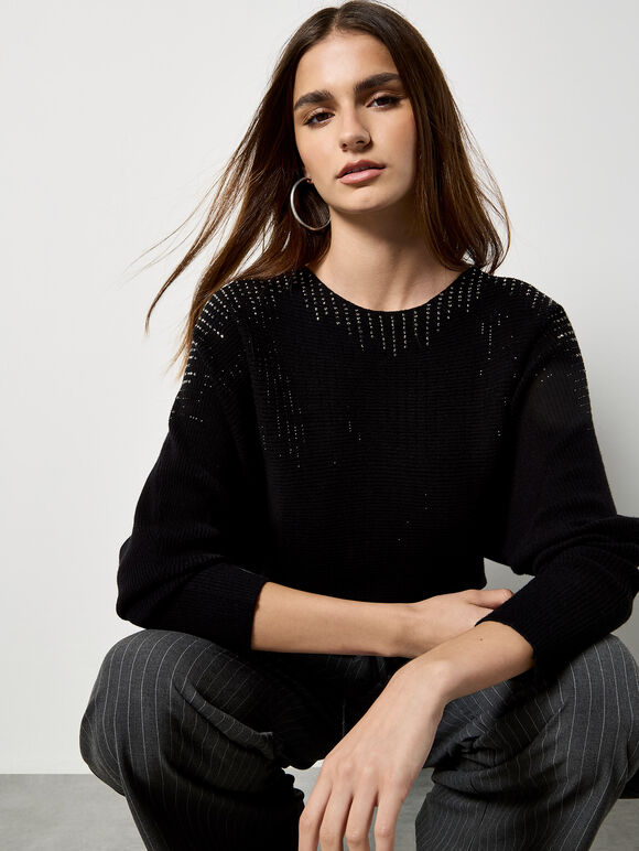 Rhinestone Embellished Batwing Jumper, Black, large
