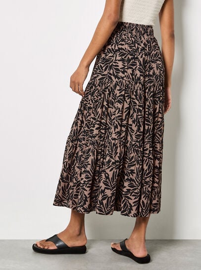 Leaf Print Tiered Midi Skirt