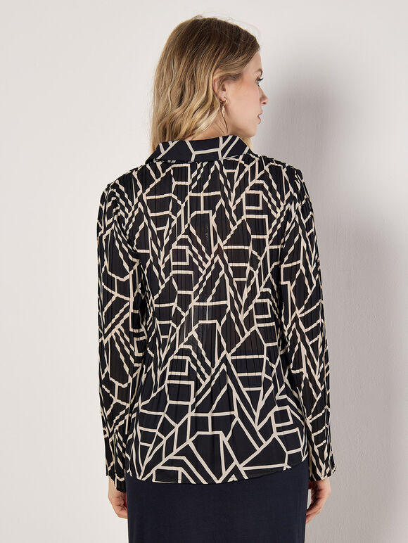 Geo Print Sheer Plisse Shirt, Black, large