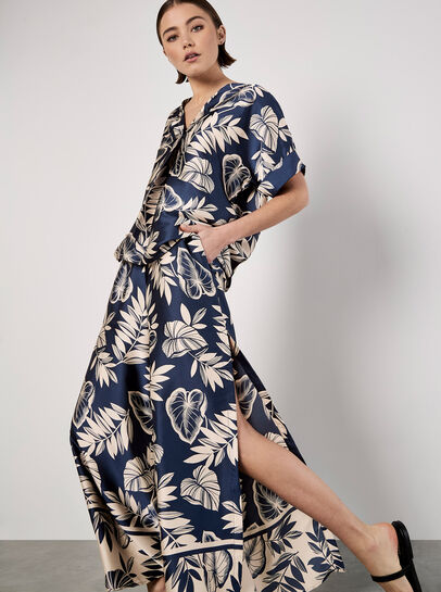 Tropical Leaf Print Satin Wide Leg Trousers