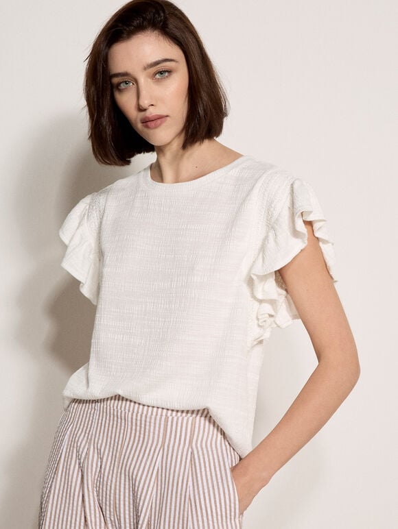 Ruffle Sleeve Textured T-Shirt, Cream, large