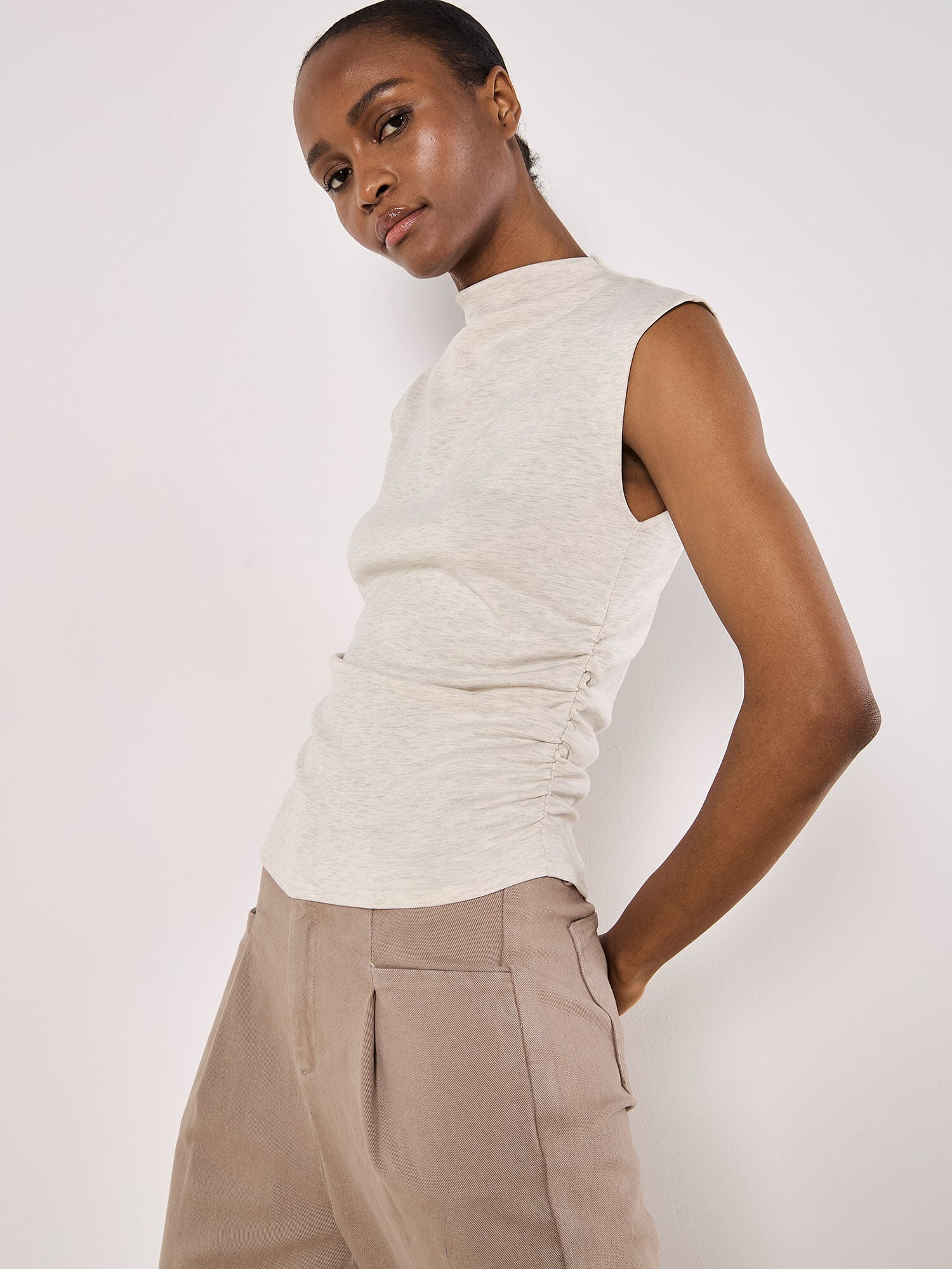 トップス MULTI SHOULDER PARTS RIB TOPS Eaphi High Neck Side Ruched Top | Apricot Clothing