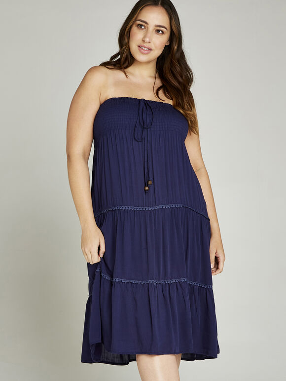 Pom Pom Trim 2in1 Dress +, Navy, large