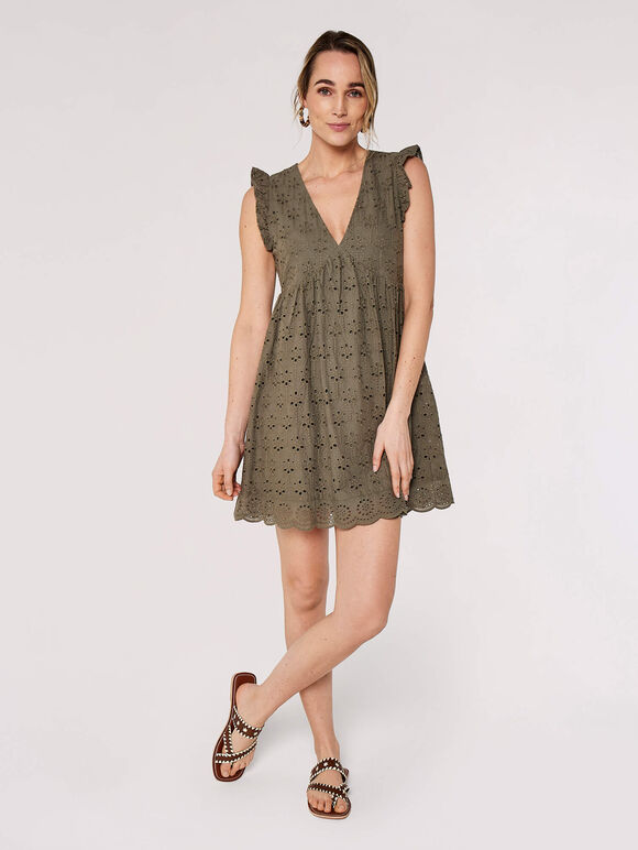 V-Neck Anglaise Mini Dress, Khaki, large