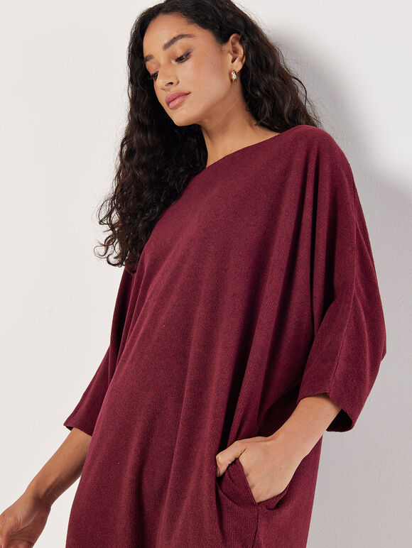 Ribbed Knit Cocoon Midi Dress, Burgundy, large