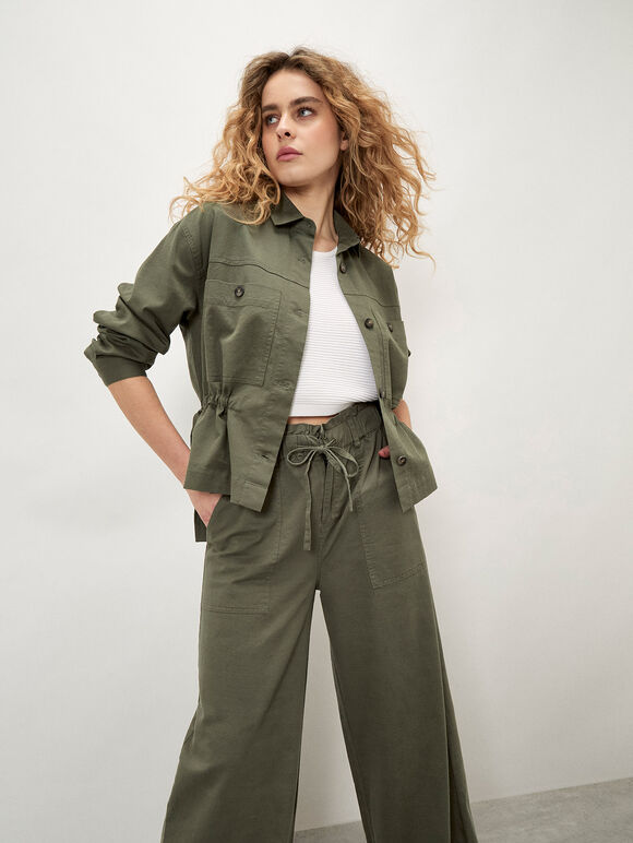 Paper Bag Waist Wide Leg Trousers, Khaki, large
