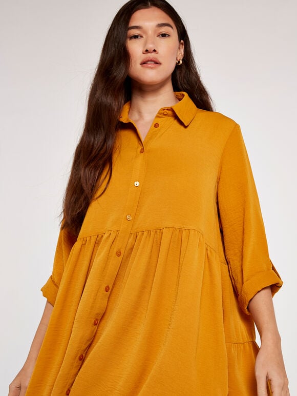 Tiered Swing Shirt Dress, Mustard, large