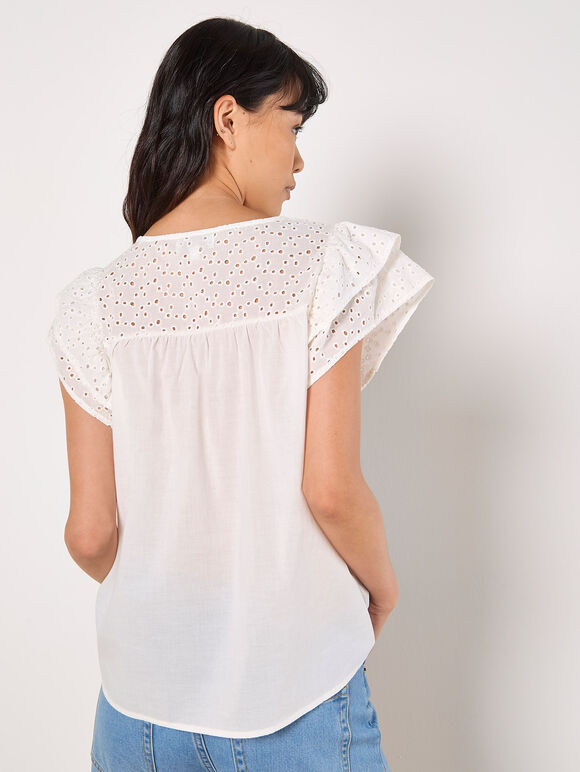 Broderie Yoke Cotton Top, White, large