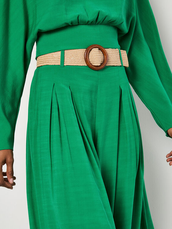 Pleated Palazzo Trousers With Belt, Green, large