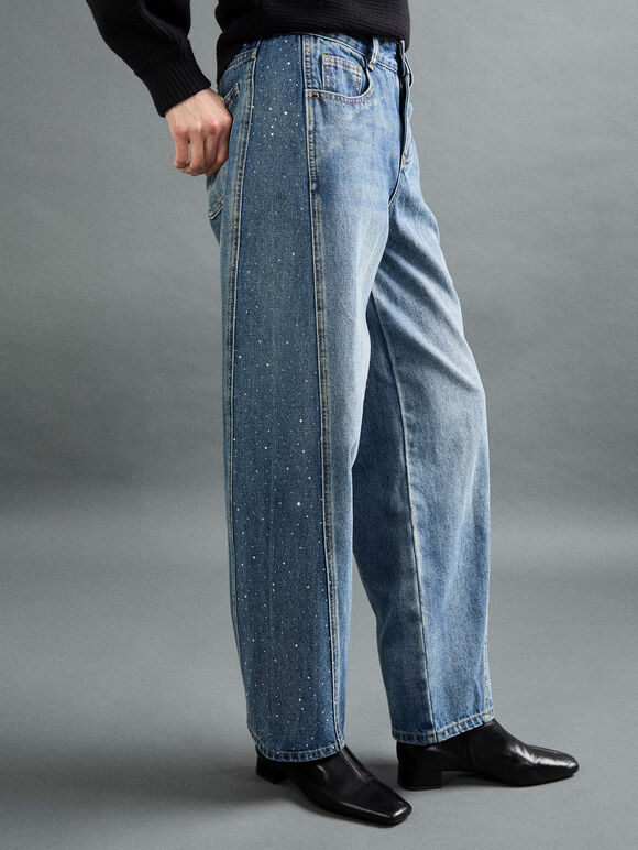 Ayla Rhinestone Panel Barrel Jeans, Blue, large