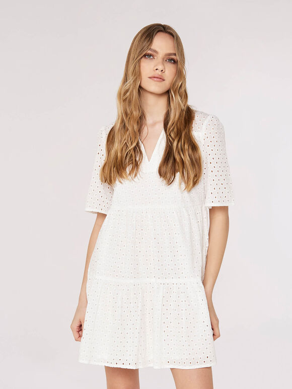 Broderie Anglaise Mini Dress, White, large