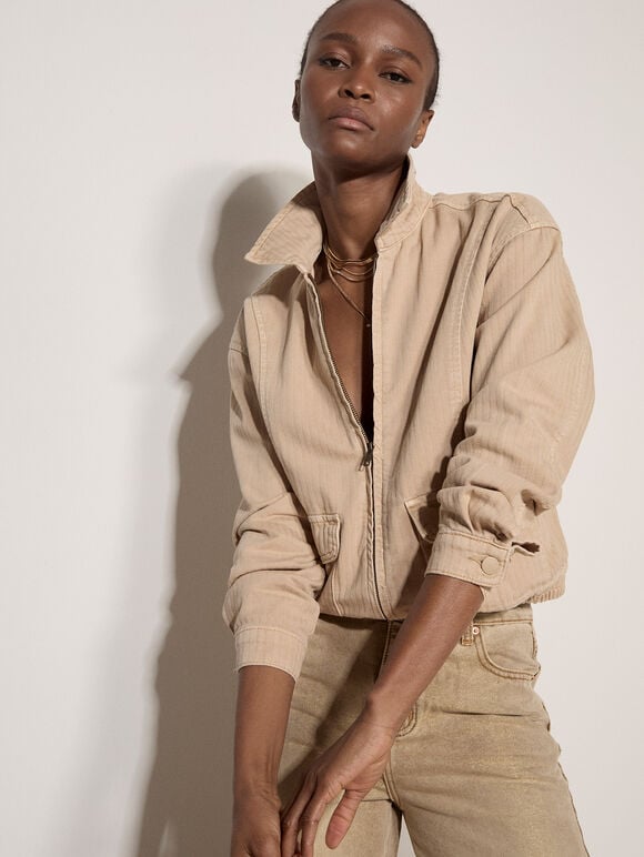 Herringbone Cotton Bomber Jacket , Stone, large