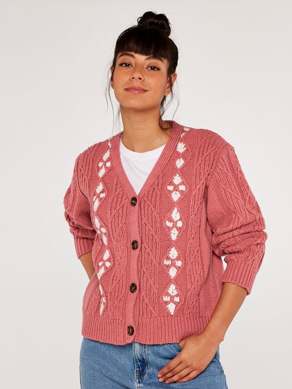 Chunky Contrast Cardigan, Coral, large