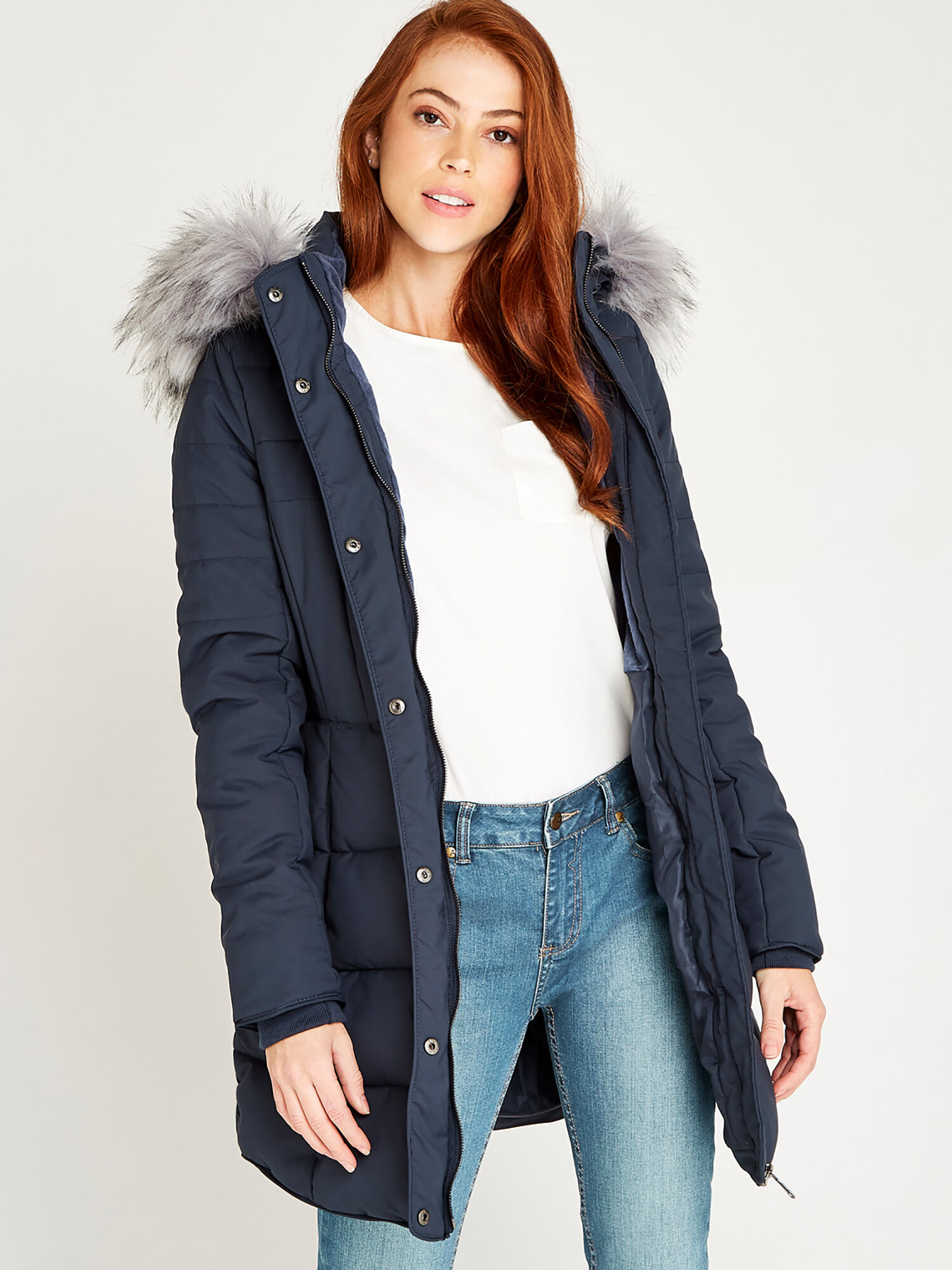 Mens blue coat with fur hood hotsell