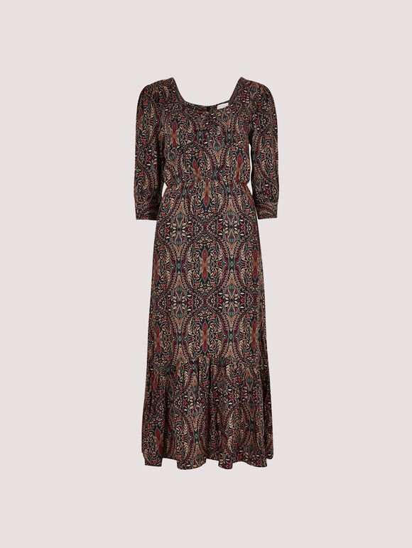 Paisley Print Midi Dress, Black, large