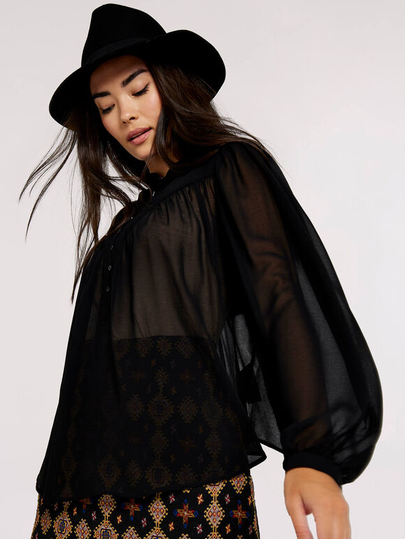 Layered V Neck  Blouse, Black, large