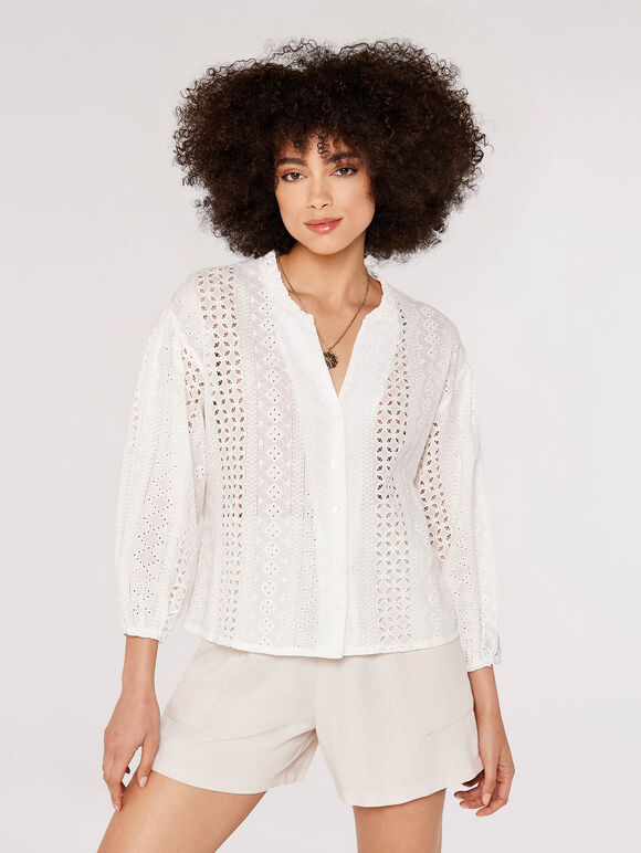 Broderie Puff Sleeve Shirt, Cream, large
