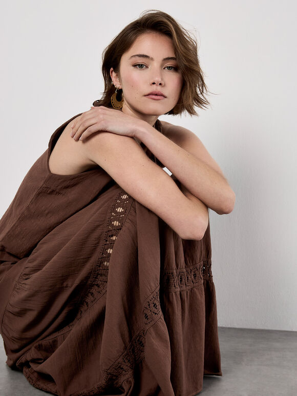 Tiered Crochet Insert Maxi Skirt, Brown, large