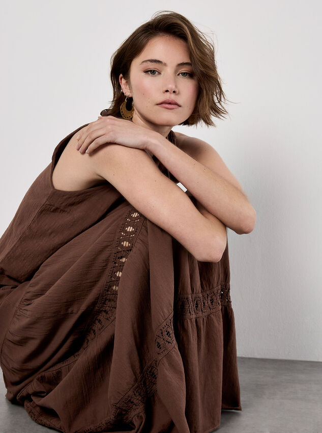 Tiered Crochet Insert Maxi Skirt, Brown, large