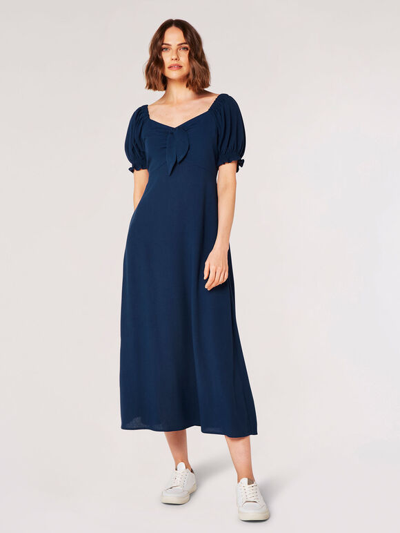 Tie Detail Milkmaid Midaxi Dress, Navy, large