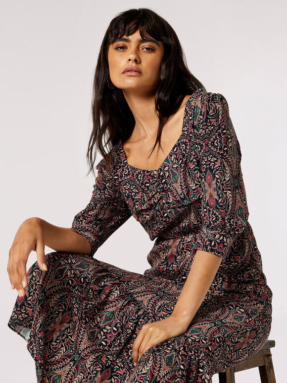 Paisley Print Midi Dress, Black, large